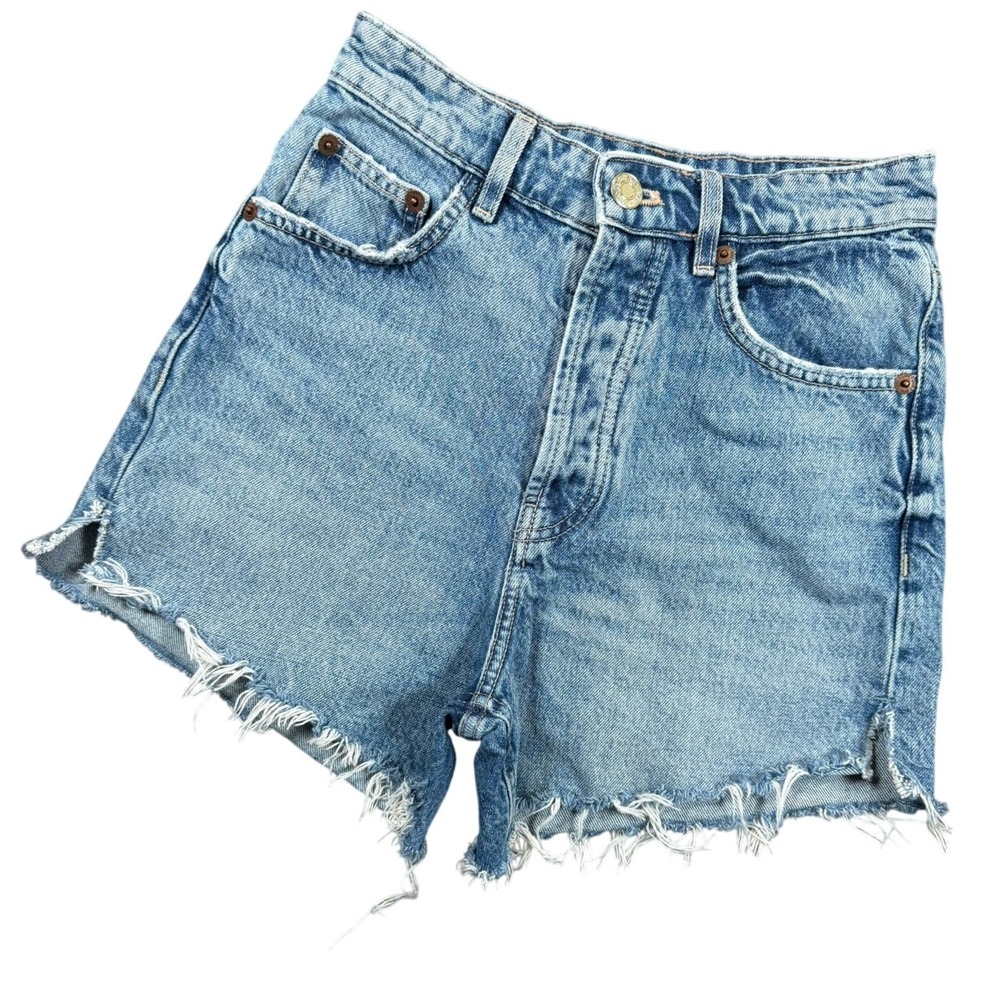 Zara High Rise Denim Shorts Womens Size 2 Light Wash Raw Hem Frayed Summer Casua